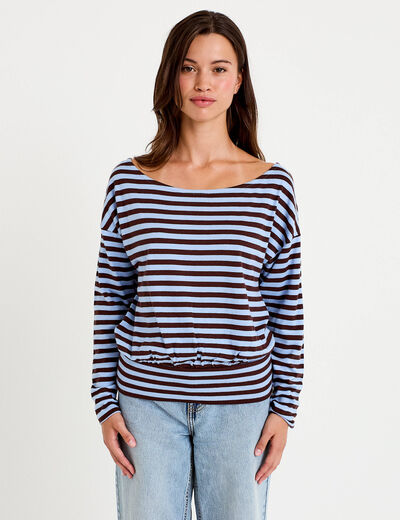 T-shirt col bateau manches longues bleu femme