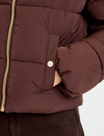 Doudoune droite cropped &agrave; capuche marron fonc&eacute; femme