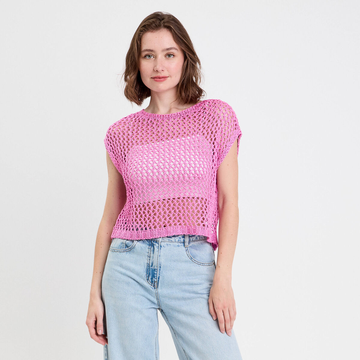 Débardeur ajouré aspect dentelle rose femme
