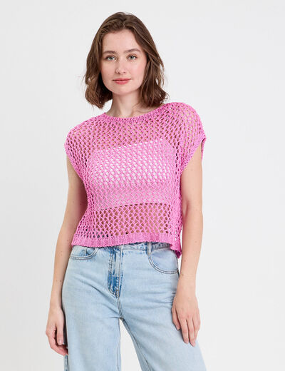 Débardeur ajouré aspect dentelle rose femme