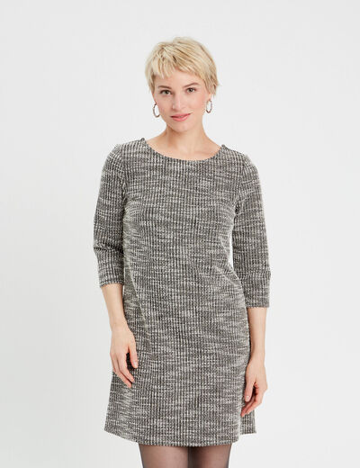 Robe droite manches 3/4 tweed noir femme