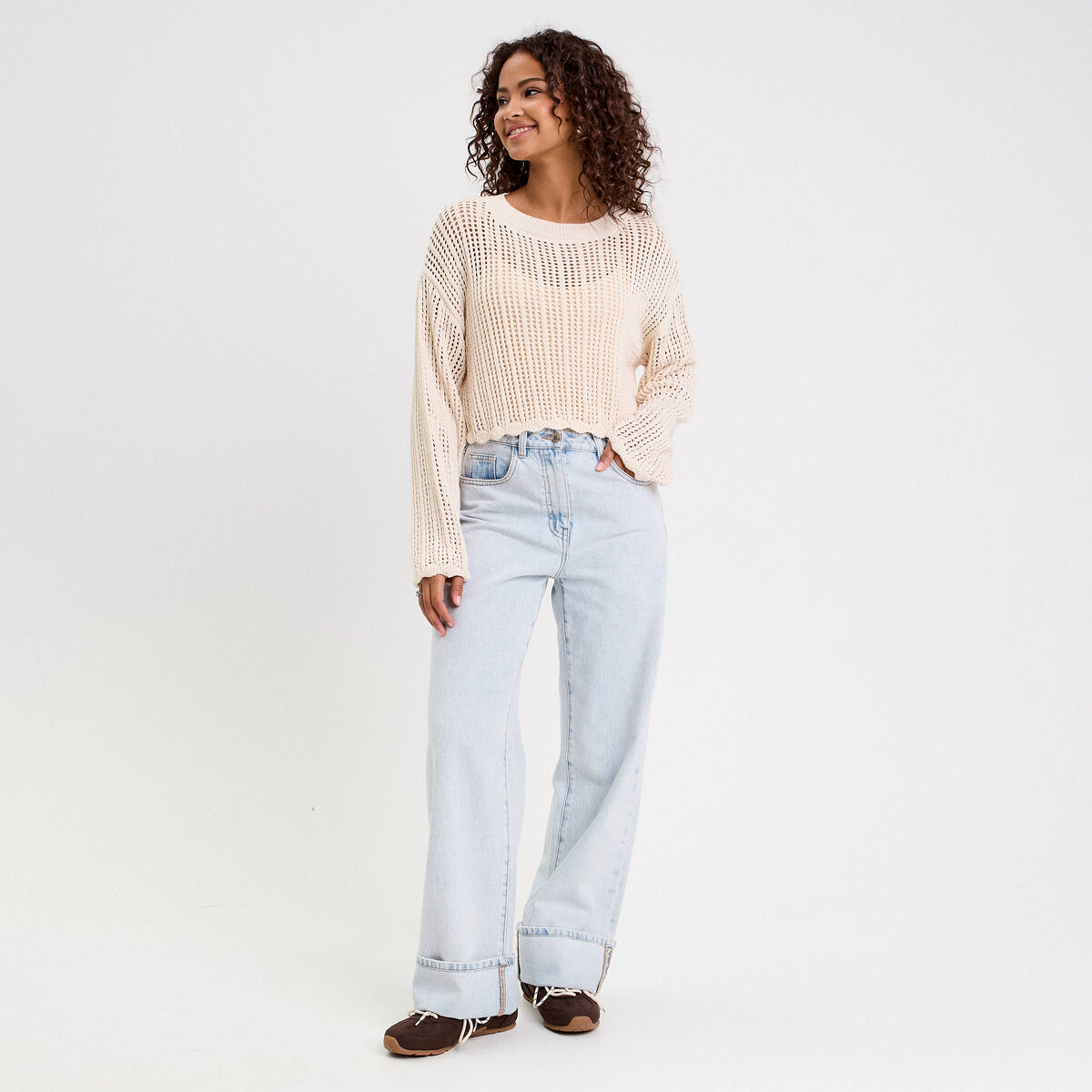 Pull ajouré col rond manches longues ecru femme