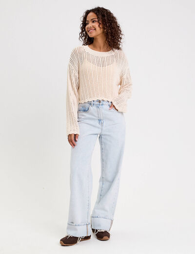 Pull ajouré col rond manches longues ecru femme