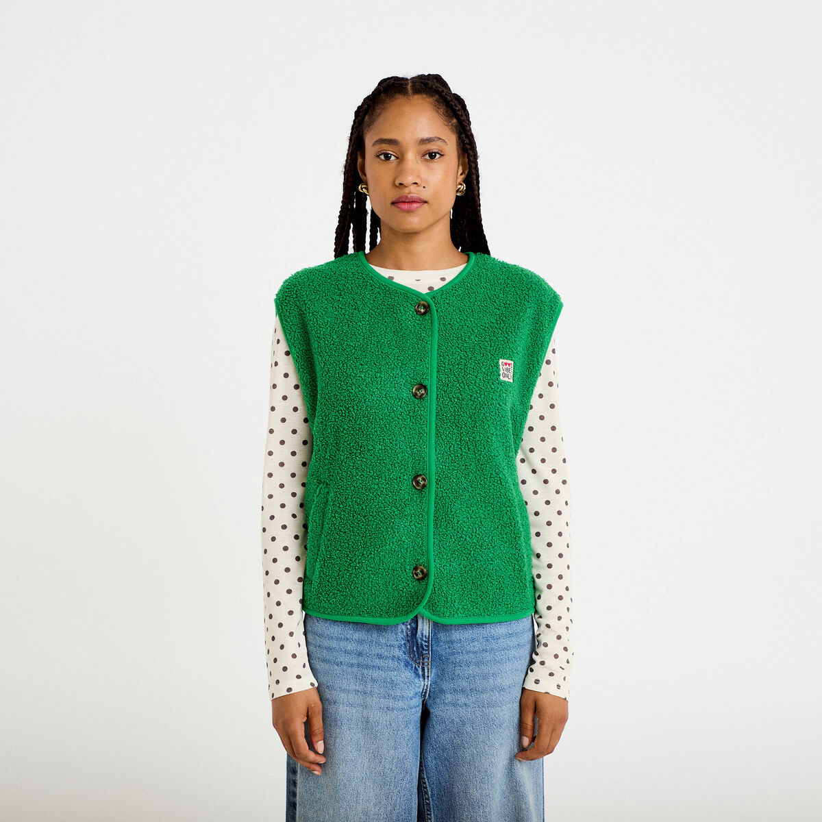 Veste sans manches fausse fourrure vert fonc&eacute; femme