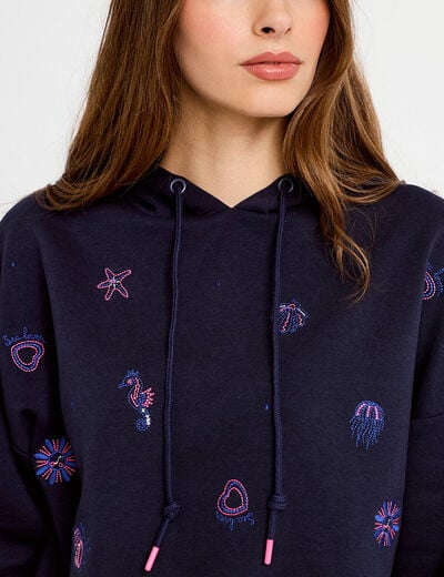 Sweat &agrave; capuche brod&eacute; manches longues bleu femme