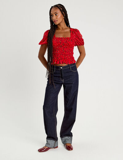 Blouse manches courtes smockée blanc femme