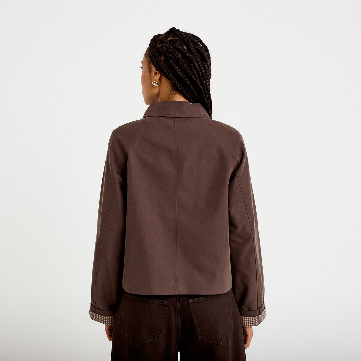 Veste courte boutonn&eacute;e doublure vichy marron fonc&eacute; femme