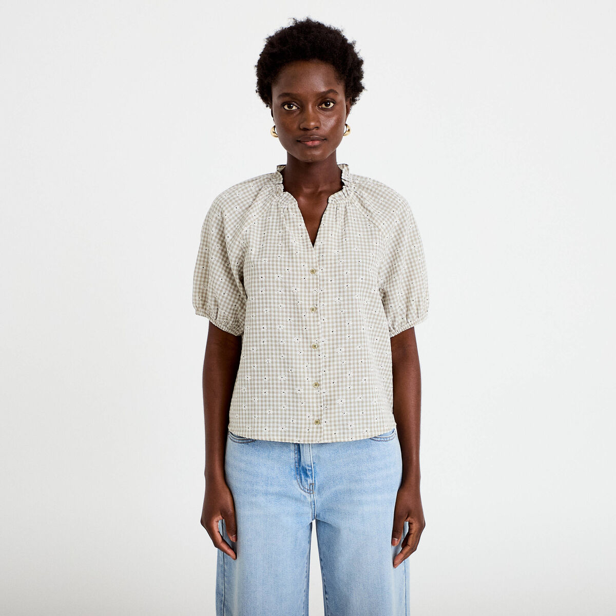 Blouse droite col v manches courtes gris femme