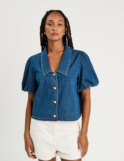 Blouse manches courtes en jean denim stone femme