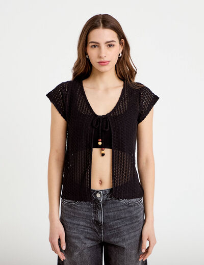 Gilet manches courtes aspect dentelle noir femme