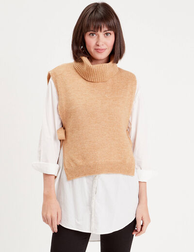 Pull sans manches col roulé beige femme