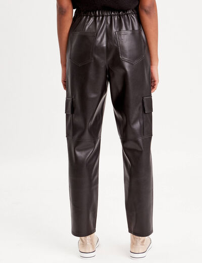 Pantalon cargo simili cuir noir femme
