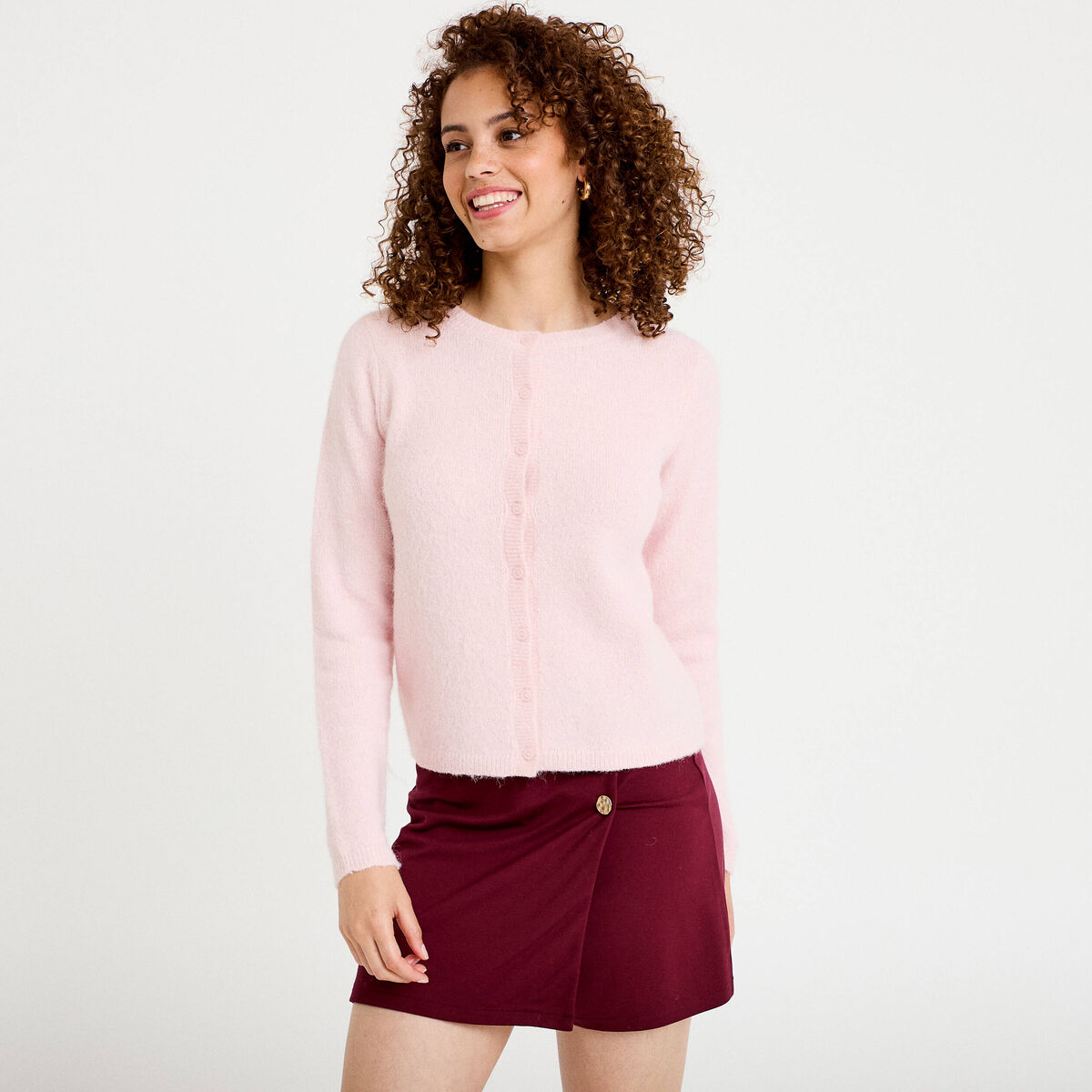Jupe-short trap&egrave;ze en maille bordeaux femme