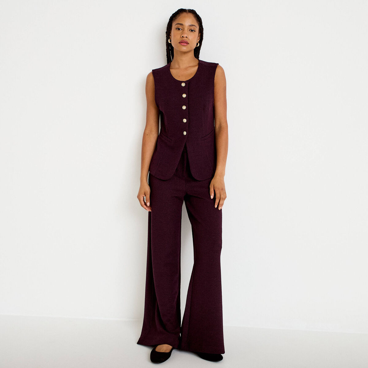 Pantalon bootcut en tweed violet fonc&eacute; femme