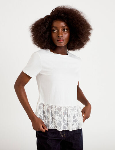 T-shirt manches courtes en dentelle ecru femme