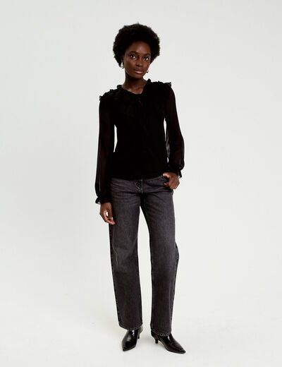 Blouse col v manches longues noir femme