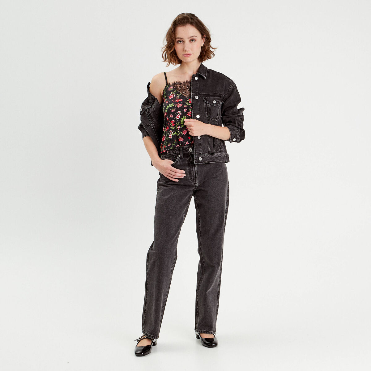 Jeans droit 5 poches denim noir femme