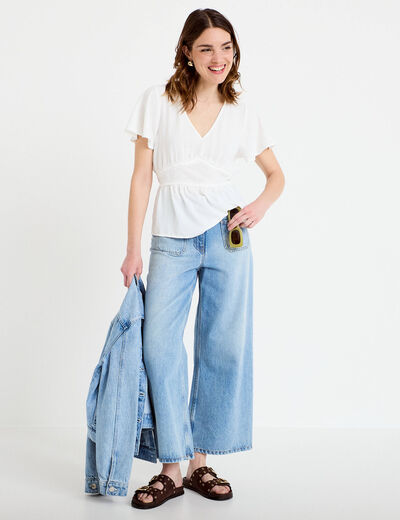 Blouse droite col v manches courtes ecru femme