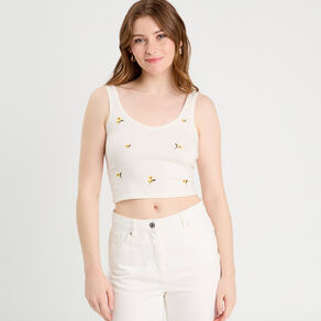 Débardeur tricot brodé ecru femme