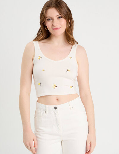 Débardeur tricot brodé ecru femme