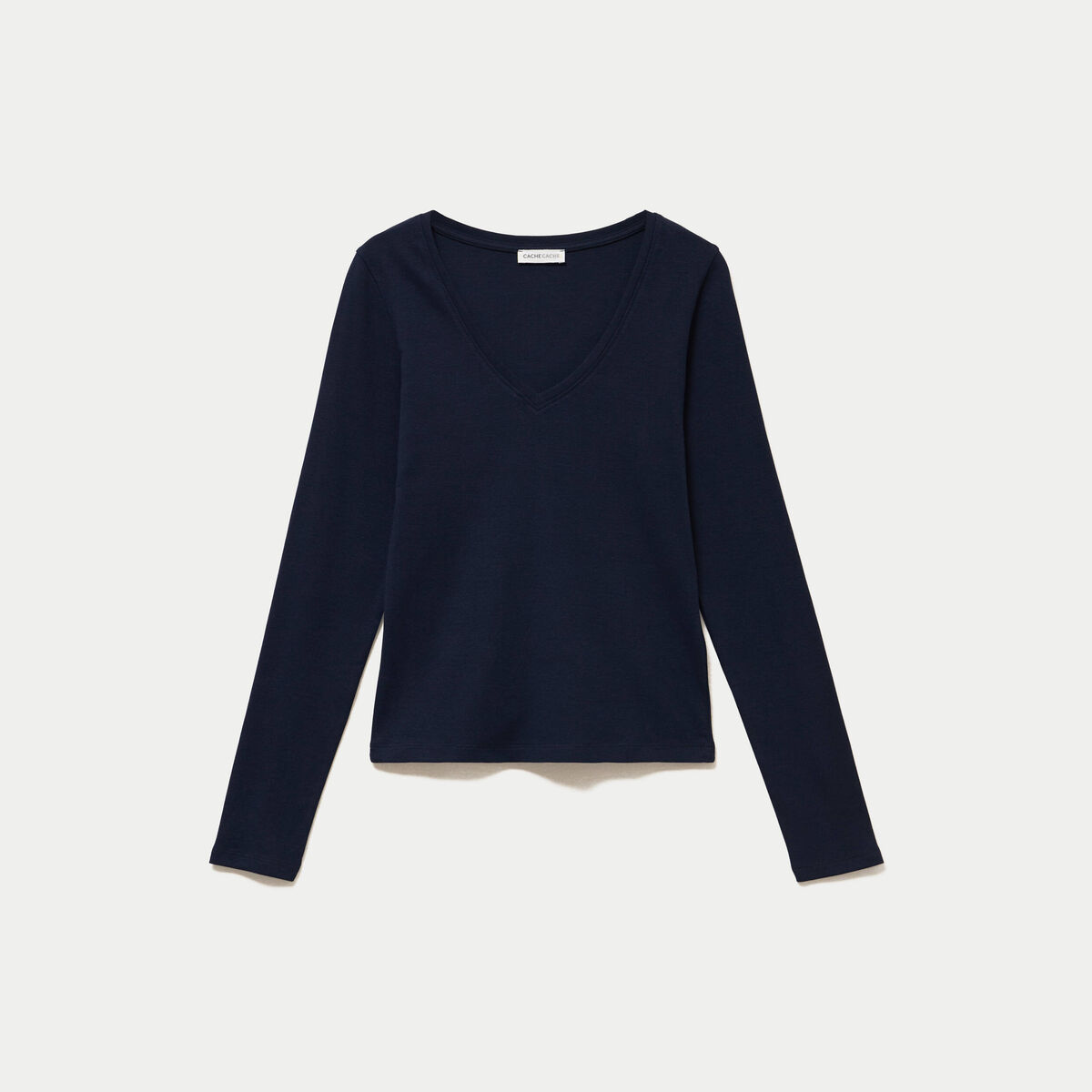 Top ajust&eacute; col v manches longues bleu marine femme