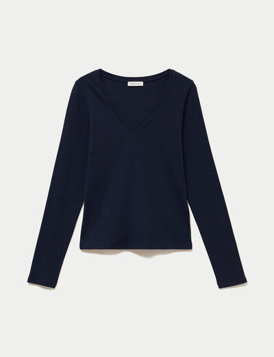 Top ajust&eacute; col v manches longues bleu marine femme