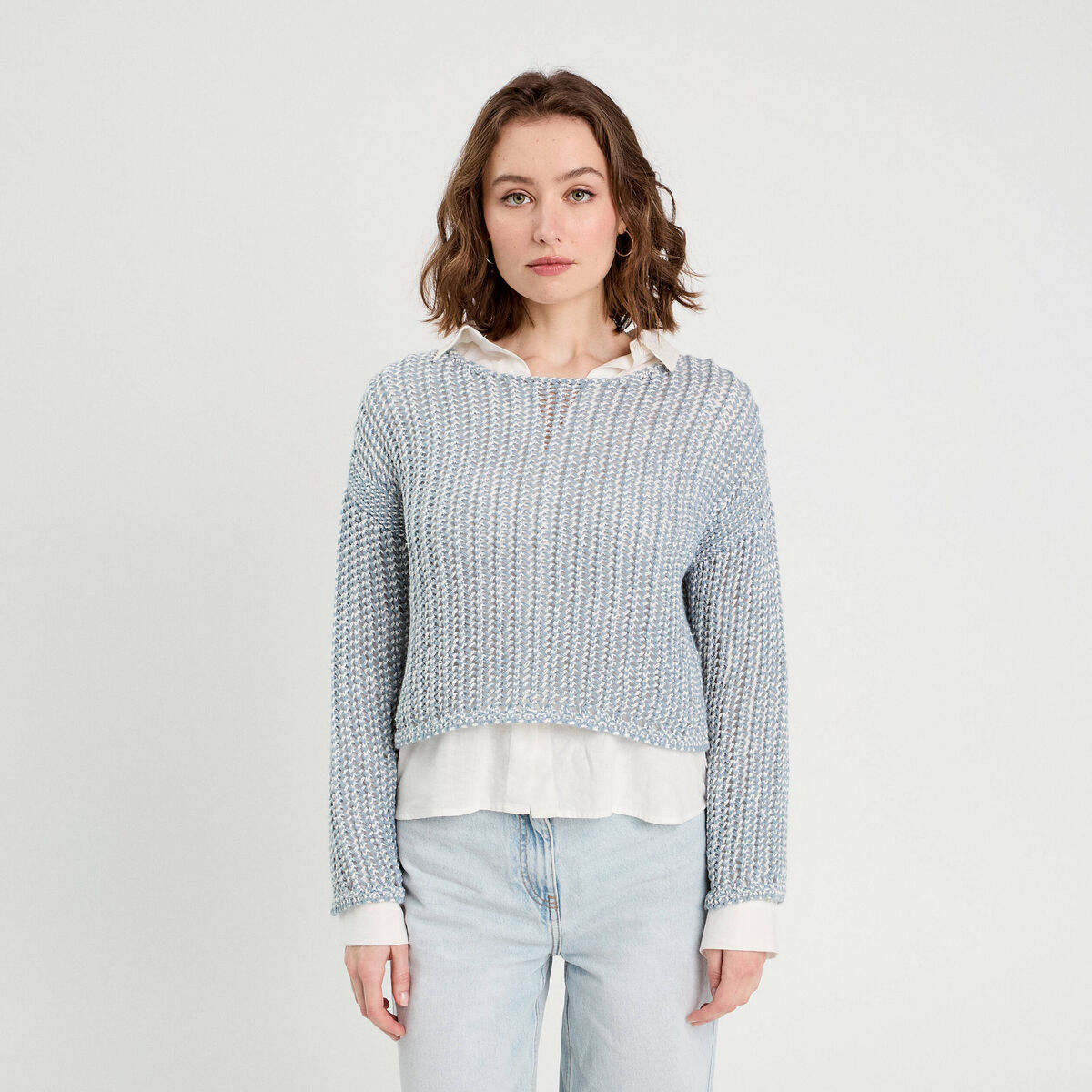 Pull manches longues ajouré bleu pastel femme