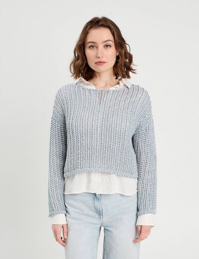 Pull manches longues ajouré bleu pastel femme