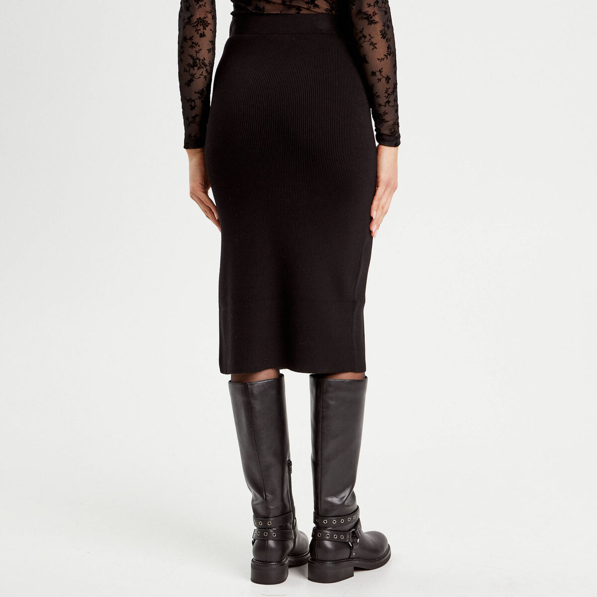 Jupe tricot midi droite noir femme