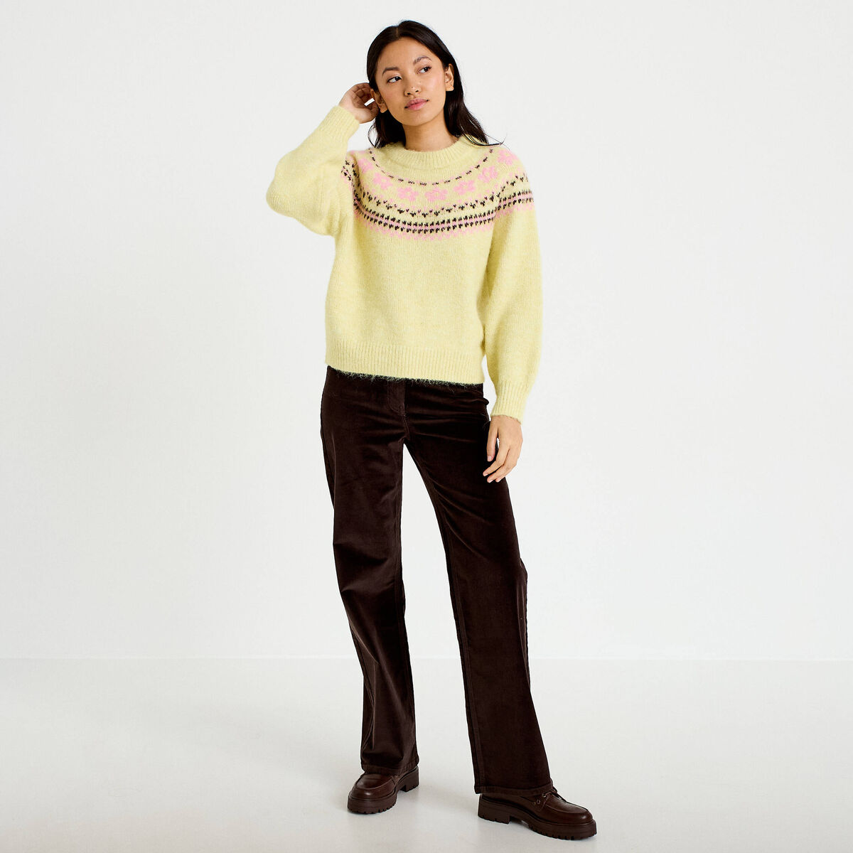 Pantalon bootcut taille haute velours marron fonc&eacute; femme