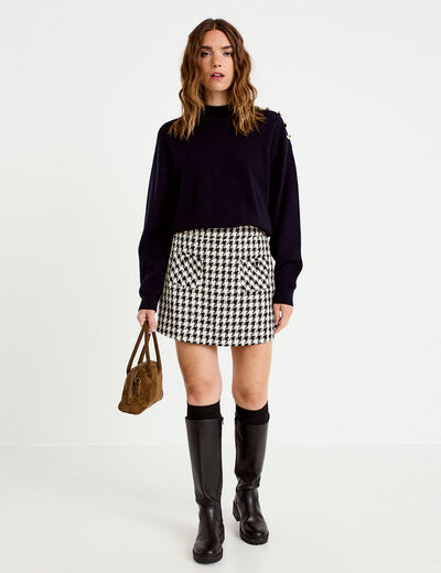 Jupe-short trap&egrave;ze tweed taille haute noir femme