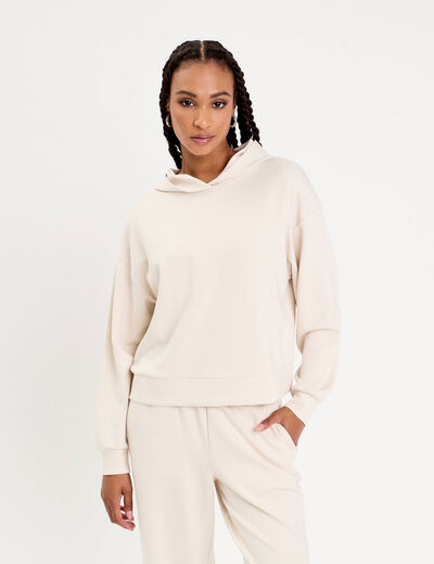 Sweat &agrave; capuche manches longues ecru femme