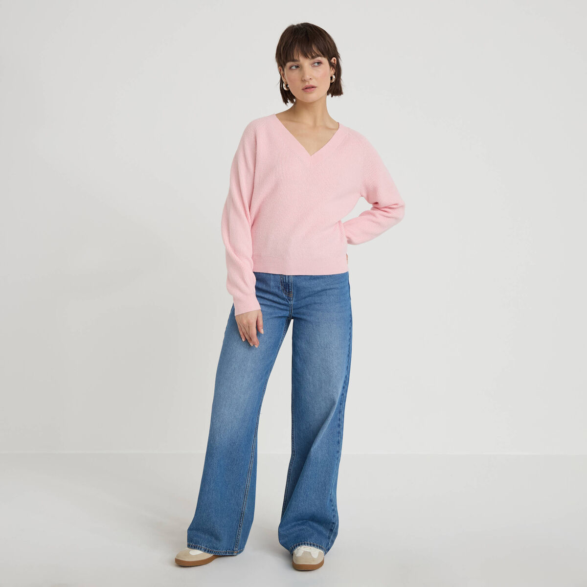 Pull fin col v rose clair femme