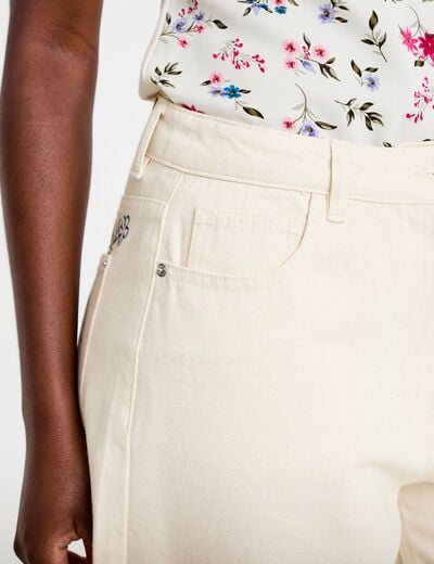 Jeans barrel broderie taille basse ecru femme