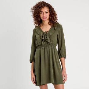 Robe évasée avec volants vert kaki femme