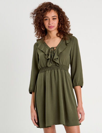 Robe évasée avec volants vert kaki femme