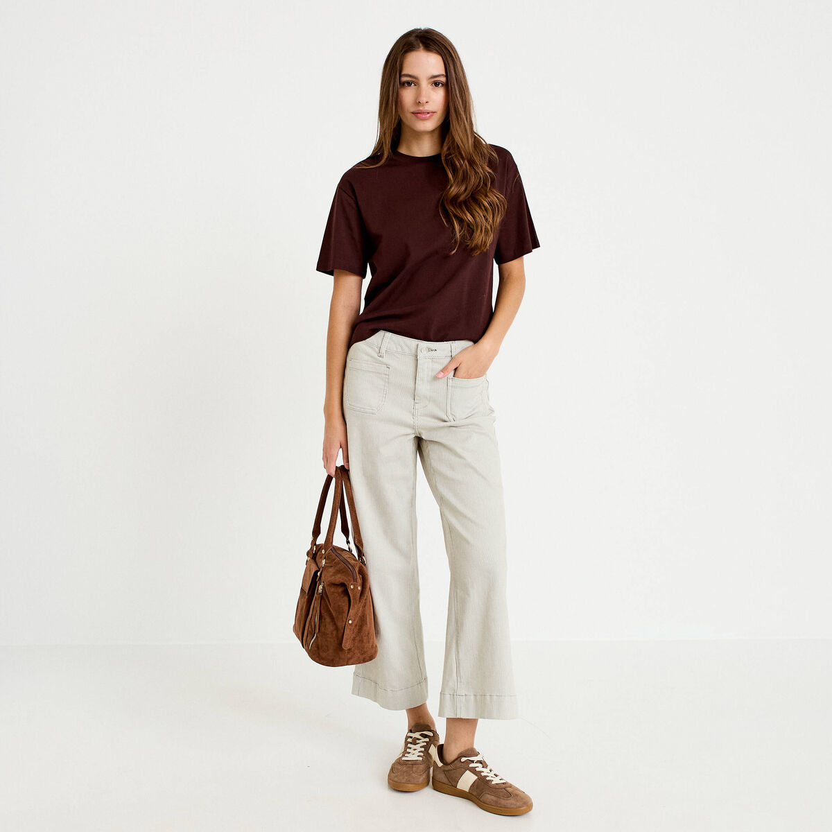 Pantalon large cropped taille haute vert kaki femme