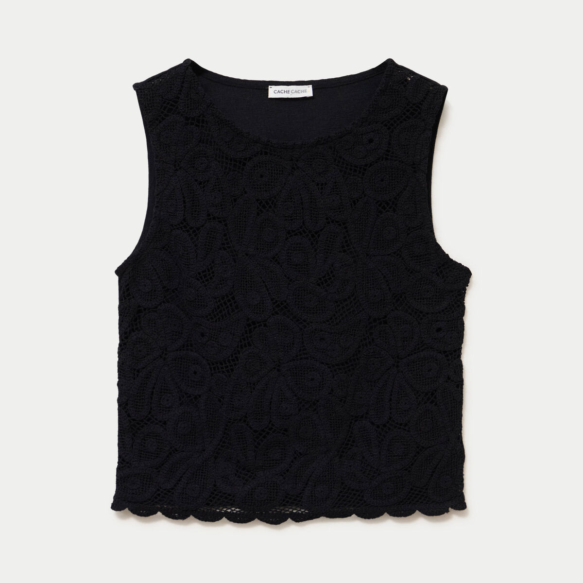 D&eacute;bardeur col rond aspect dentelle noir femme