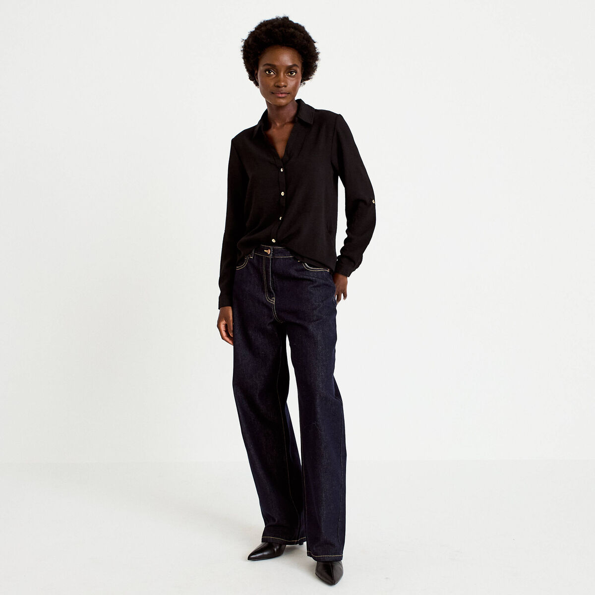Chemise droite pliss&eacute;e manches longues noir femme