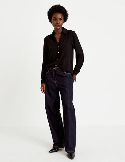 Chemise droite pliss&eacute;e manches longues noir femme
