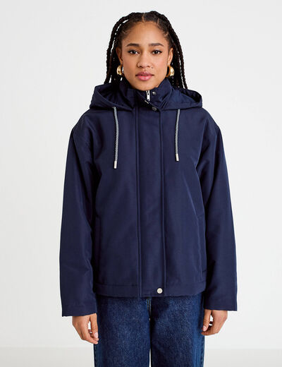 Parka courte &agrave; capuche manches longues bleu marine femme