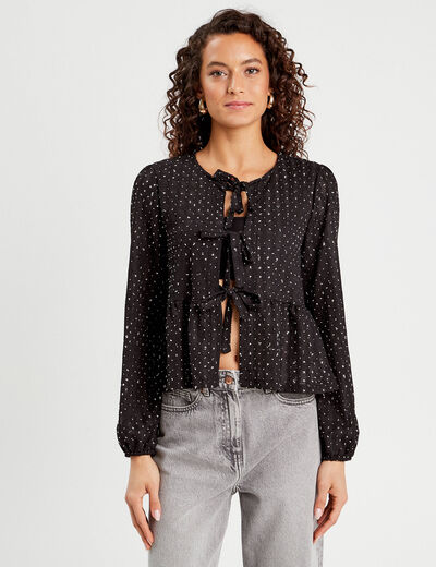 Blouse nou&eacute;e strass noir femme