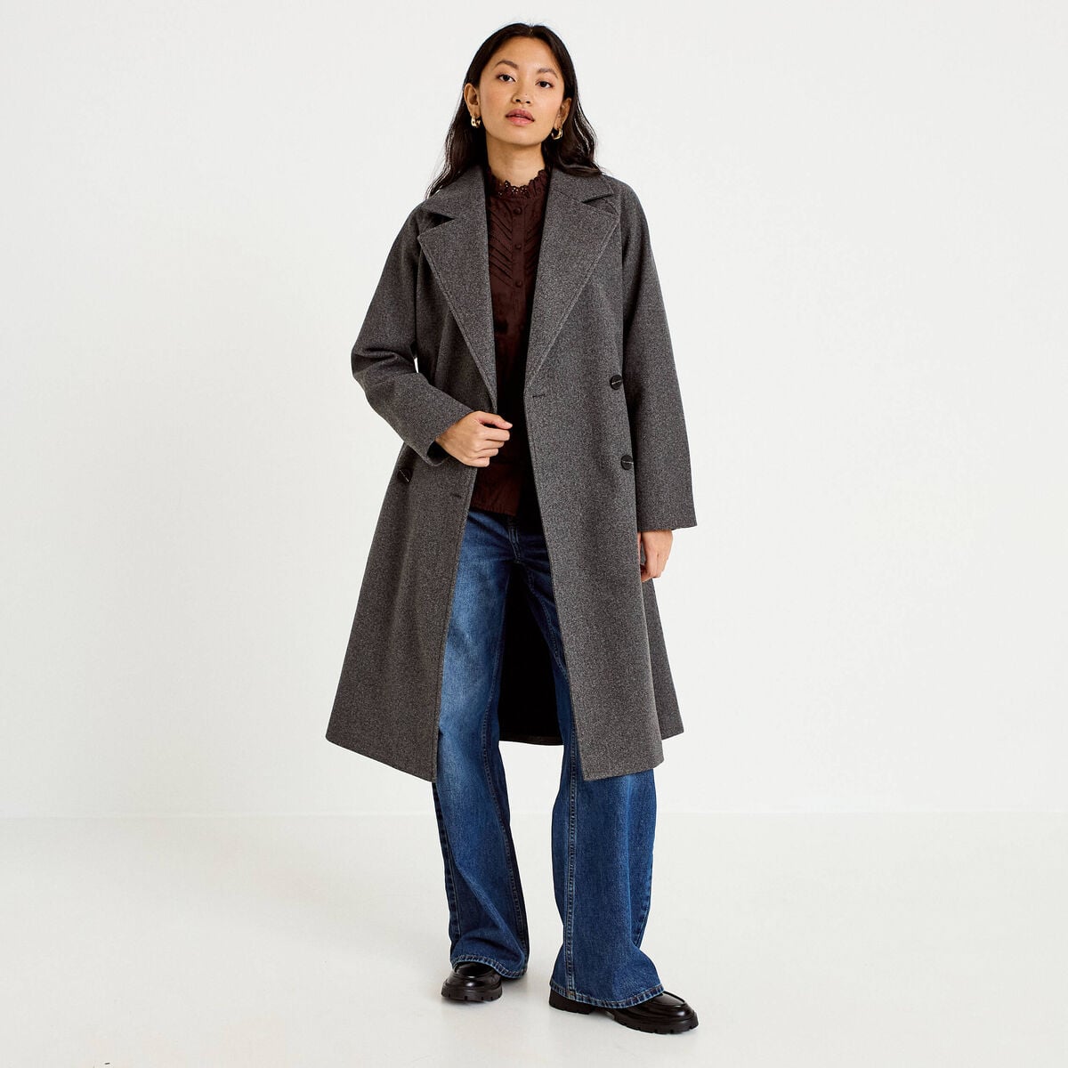 Manteau droit mi-long &agrave; manches longues gris femme