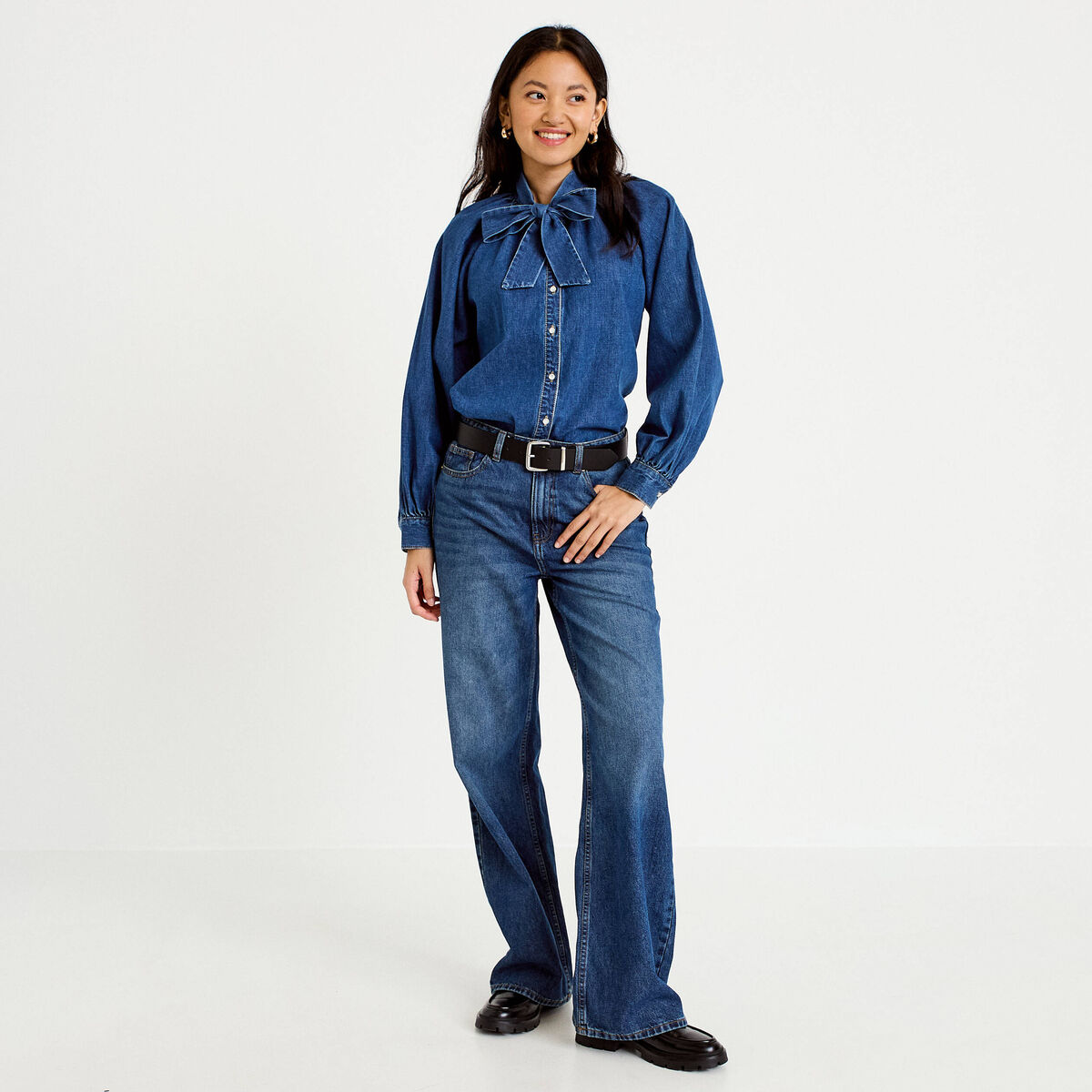 Chemise ample en jean col montant denim stone femme