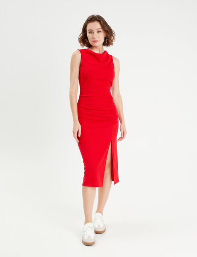 Robe longue ajustée drappée rouge femme