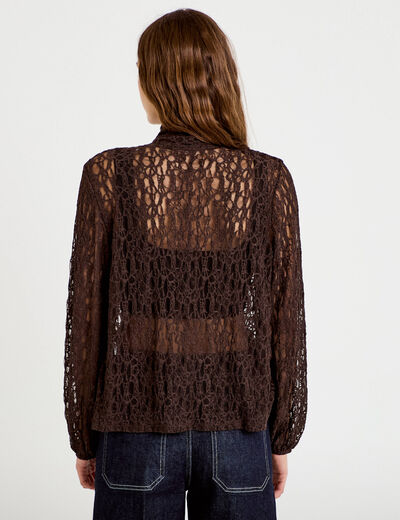 Blouse droite col montant dentelle marron fonc&eacute; femme
