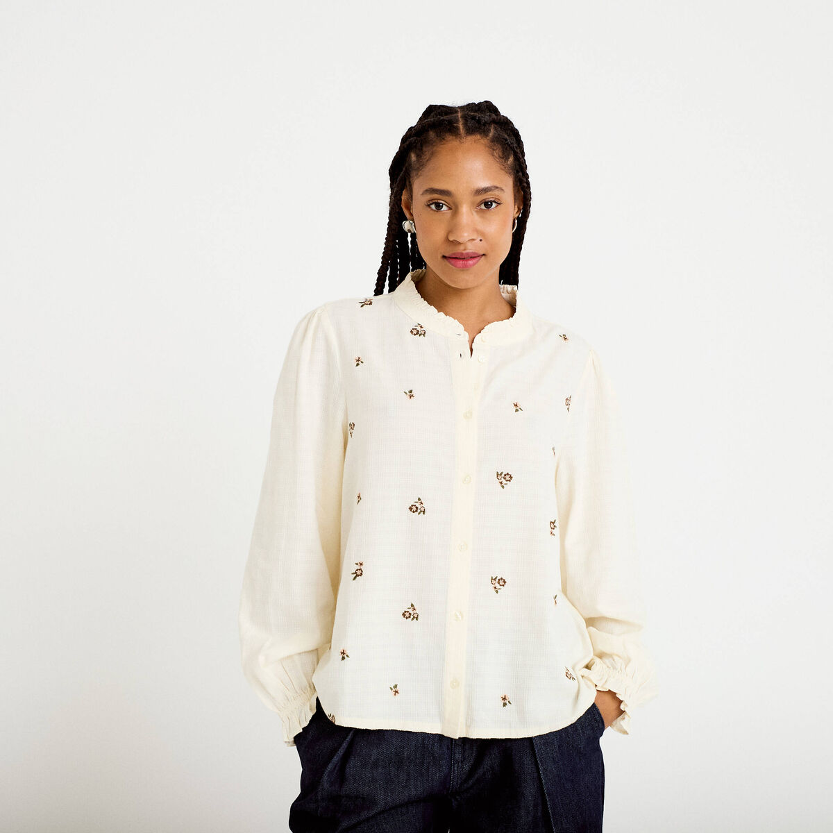 Blouse droite courte broderie ivoire femme