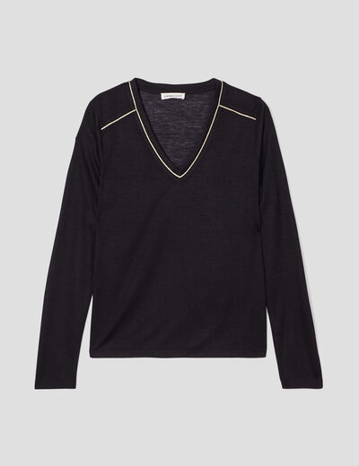 T-shirt col en V avec liserés noir femme