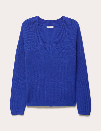 Pull col v manches longues bleu electrique femme