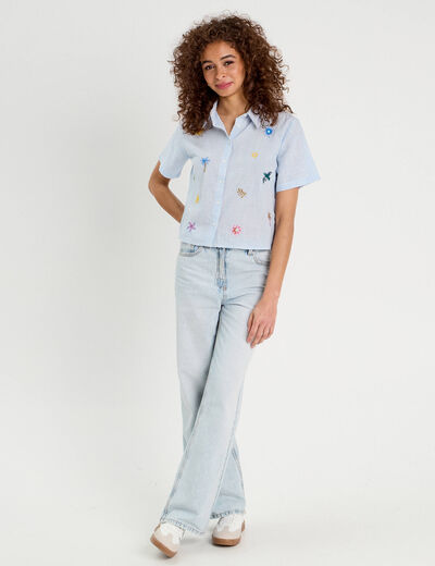 Chemise manches courtes brodée bleu femme